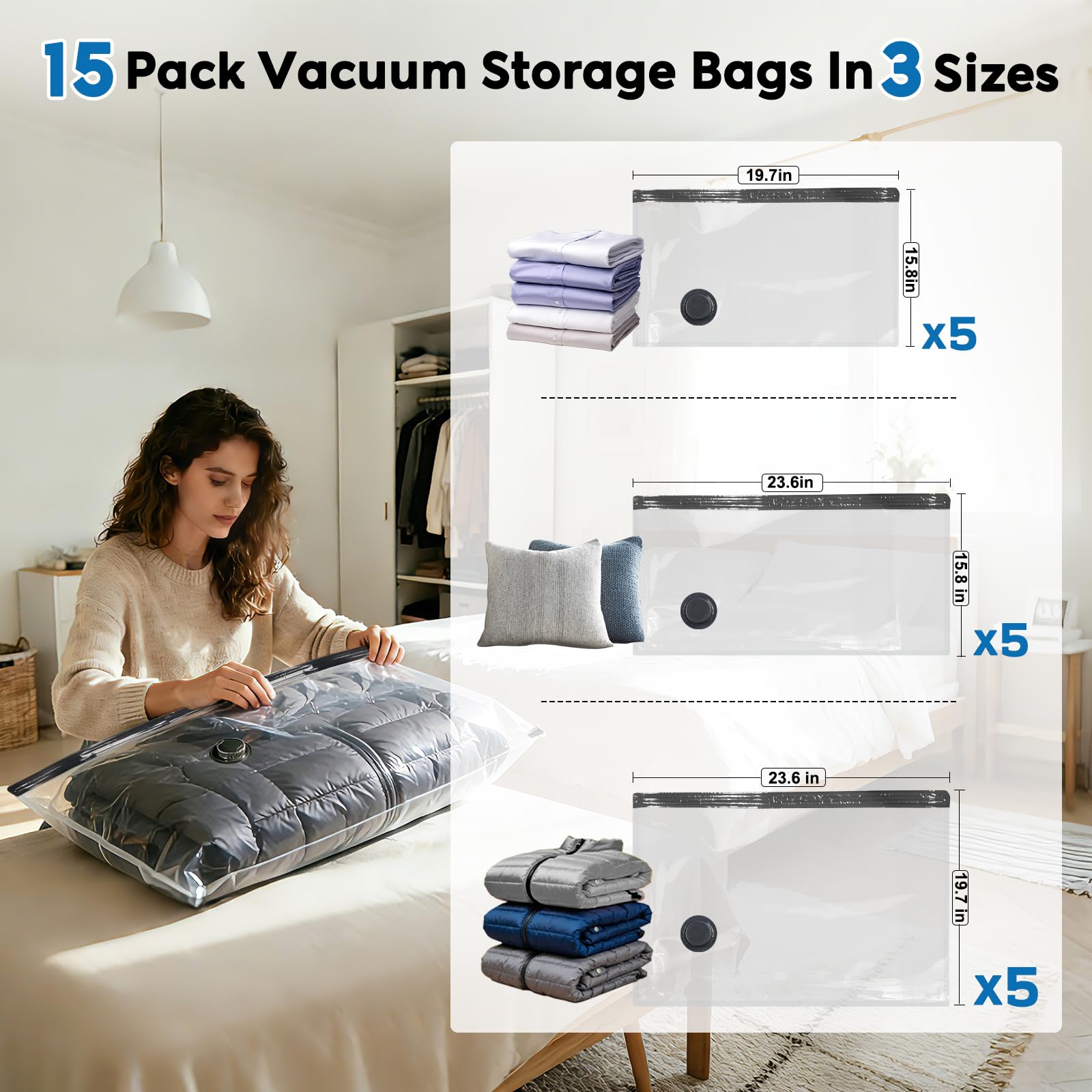 Mapambo Travel Vacuum Bags with -60000Pa LED Pump, 15 Pack Vacuum Seal Bags for Clothing Travel in