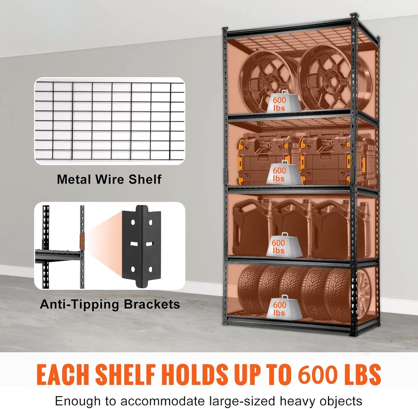 VEVOR Storage Shelving Unit, 5-Tier Adjustable, 2000 lbs Capacity, Heavy Duty Garage Shelves Metal Organizer Wire Rack, Black, 36" L x 16" W x 72" H for Kitchen Pantry Basement Bathroom Laundry Closet