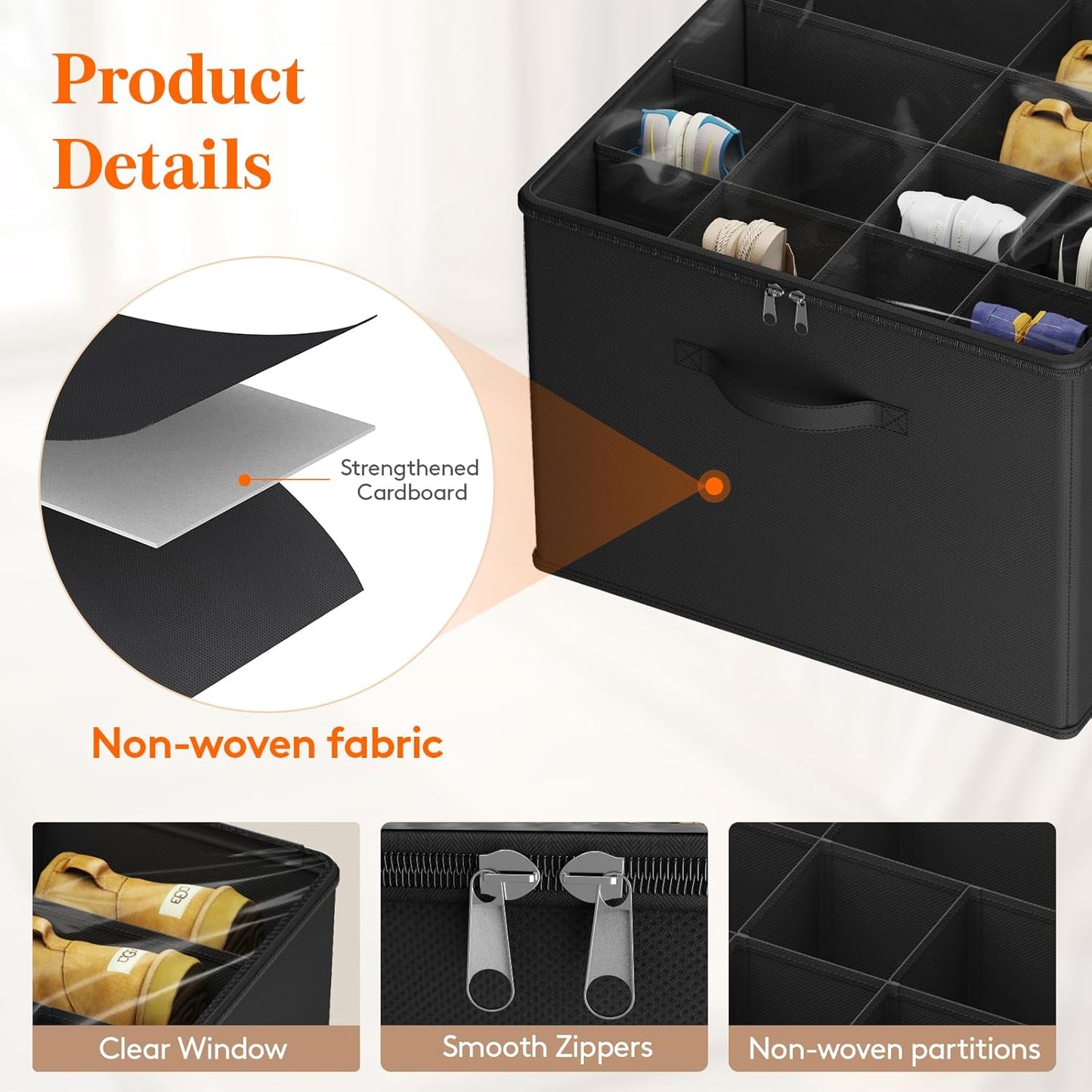 Lifewit Shoe Storage Organizer for Closet Fits 12-16 Pairs, Fabric Large Shoe Box Storage Container with Clear Cover, Foldable Bins Fit for Boots Heels Sneakers 17"(L) x 17"(W) x 12.5"(H) 2 Pack Black