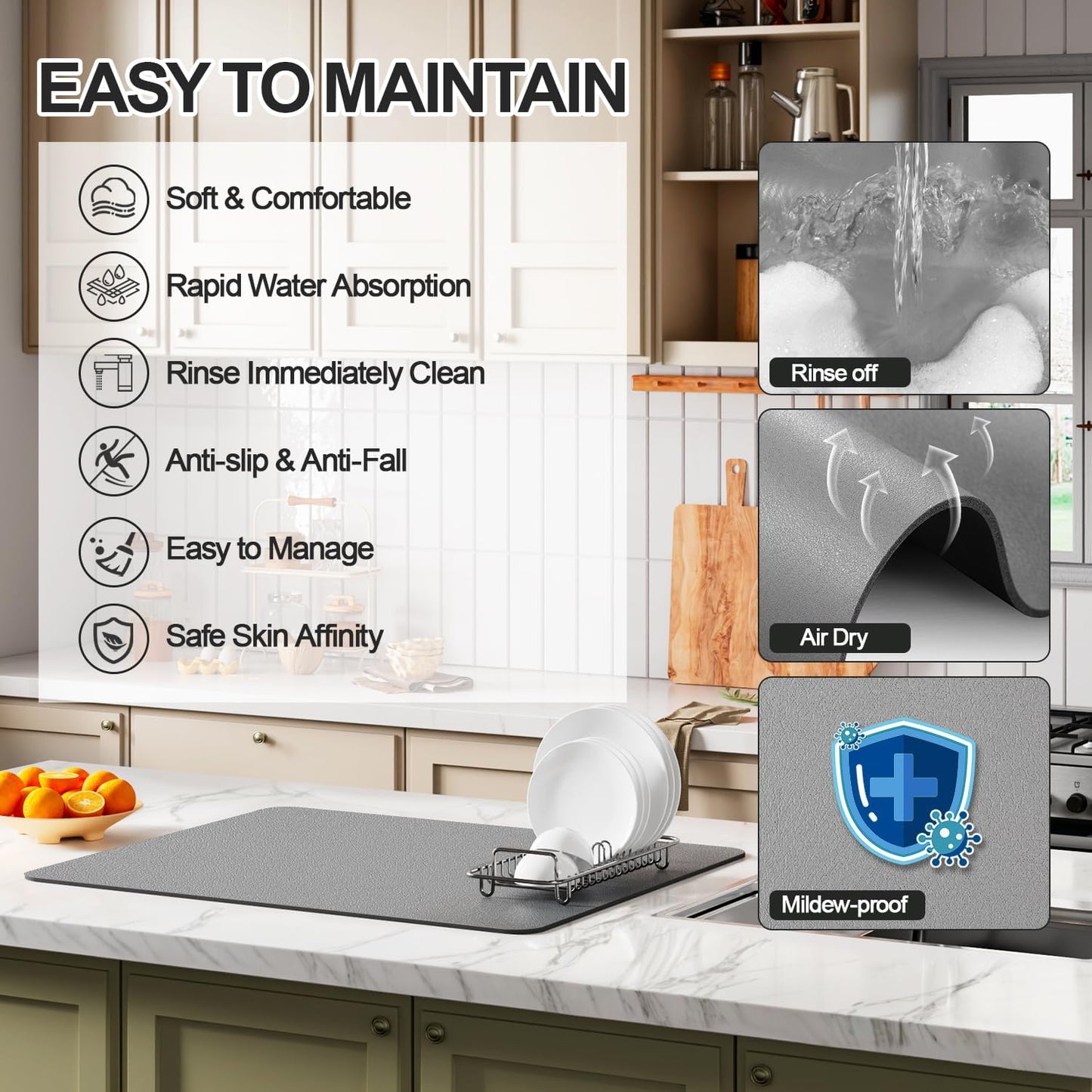 Dish Drying Mat for Kitchen Counter | Coffee Bar Mat for Countertops | Heat Resistant Drainer Mat with Non-slip Rubber Backed | Hide Stain Kitchen Absorbent Draining Mat | Grey 16"x18"