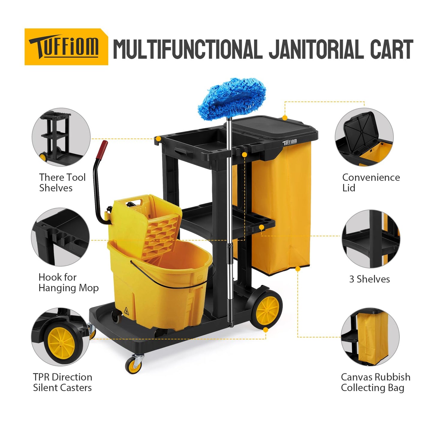 TUFFIOM Commercial Traditional Cleaning 3-Shelf Janitorial Cart, 500 Lbs Capacity Housekeeping