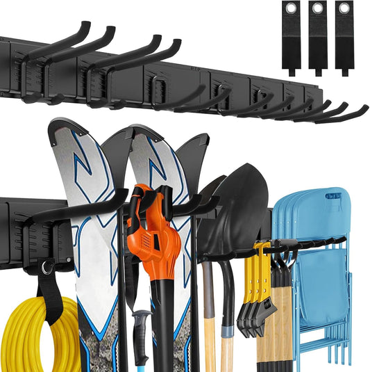 Garage Tool Organizer Wall Mount, 48 Inches Garden Tool Organizer with Adjustable Hooks, Metal Garage Storage Rack Max Loading 440lbs, Tool Holder for Hanging Rake Broom Mop Snowboard