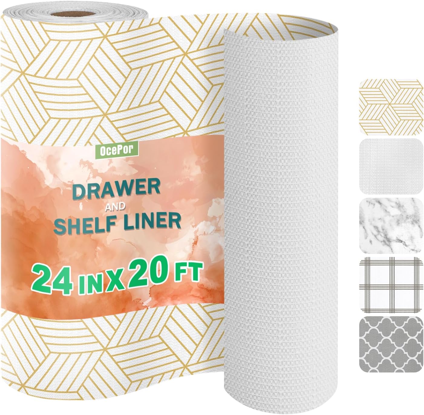 OcePor Non-Adhesive Drawer and Shelf Liner 24IN x 20FT，Non-Slip Kitchen Cabinet Liner Non-Adhesive Thick Strong Grip Waterproof Washable