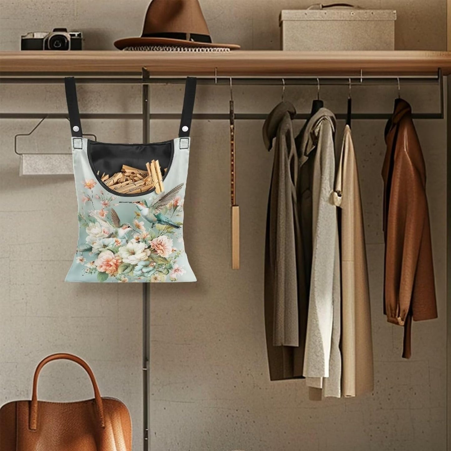 Hummingbird Floral Clothes Pin Bag to Hang On Line Reusable Clothespin Holder Laundry Room Clothespin Holder with Large Opening Space-Saving Clothespin Storage Solution