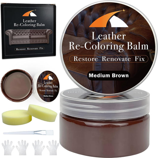 Medium Brown Leather Repair Kit - Recoloring Balm & Dye to Restore Scratches, Faded & Aged Leather
