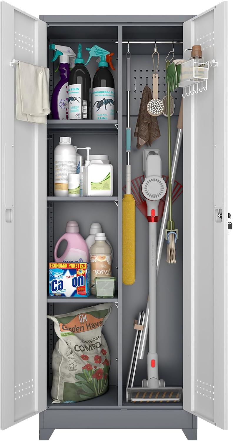 Broom Closet, Metal Storage Cabinet with Hanging Rod, 65" Broom Tool Organizer, Metal Cabinet with Doors and Shelves, Tall Cleaning Storage for Home, Office, Garage, Balcony