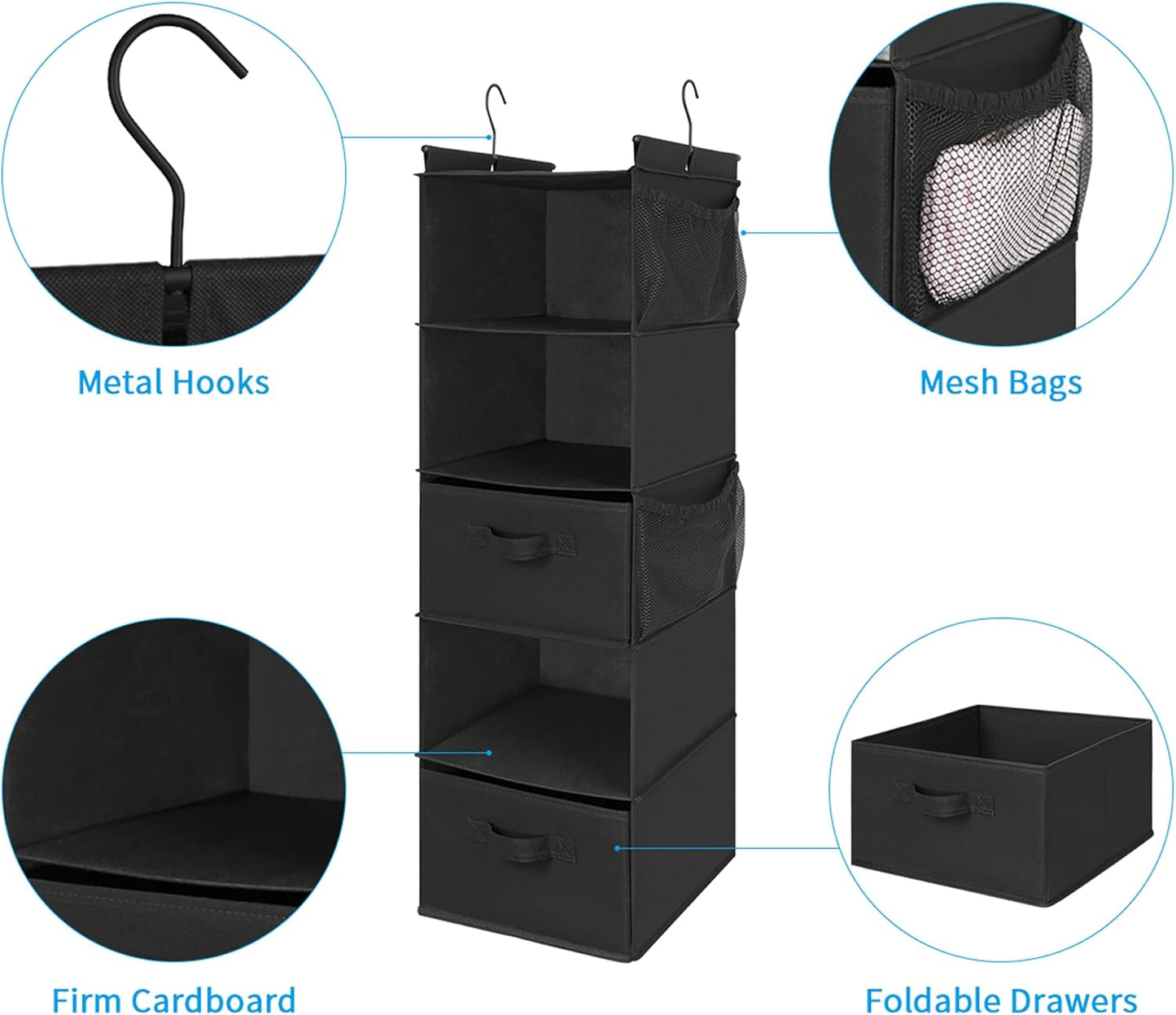 MAX Houser 5 Tier Shelf Hanging Closet Organizer, Cloth Hanging Shelf with 2 Sturdy Hooks for Storage, Foldable (Black-D2)