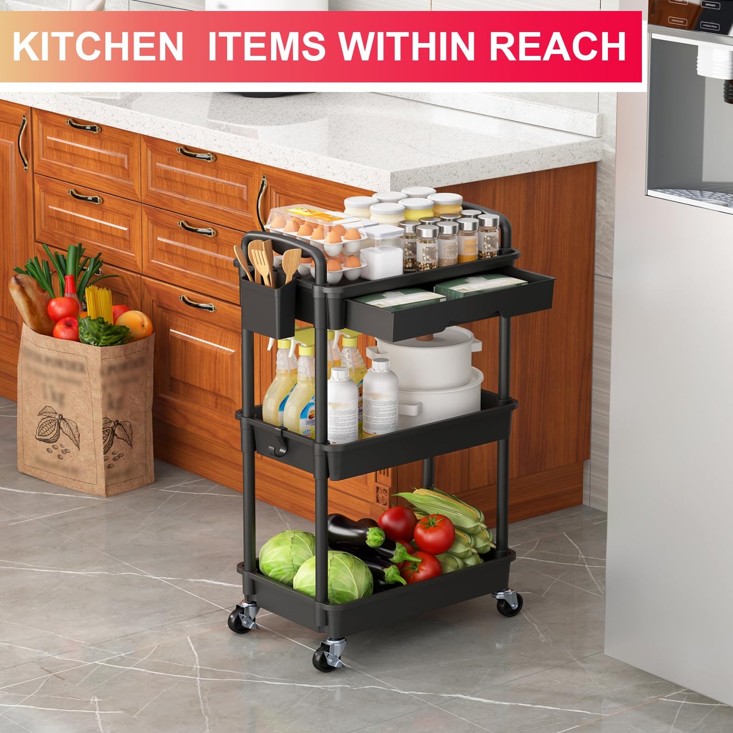 Goovilla 3 Tier Rolling Utility Cart Organizer with Removable Drawer, Black