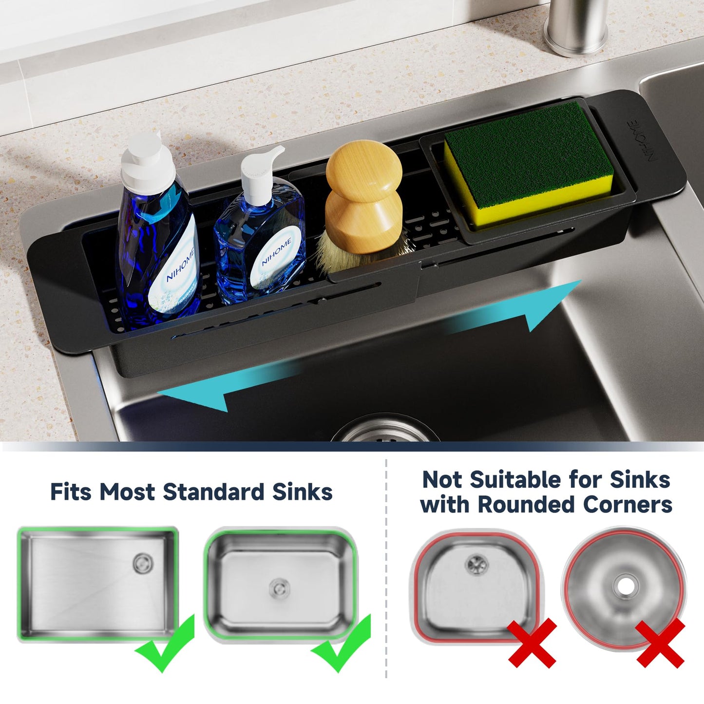 NiHome Extendable Kitchen Sink Caddy, Small Brush Sponge Storage Holder