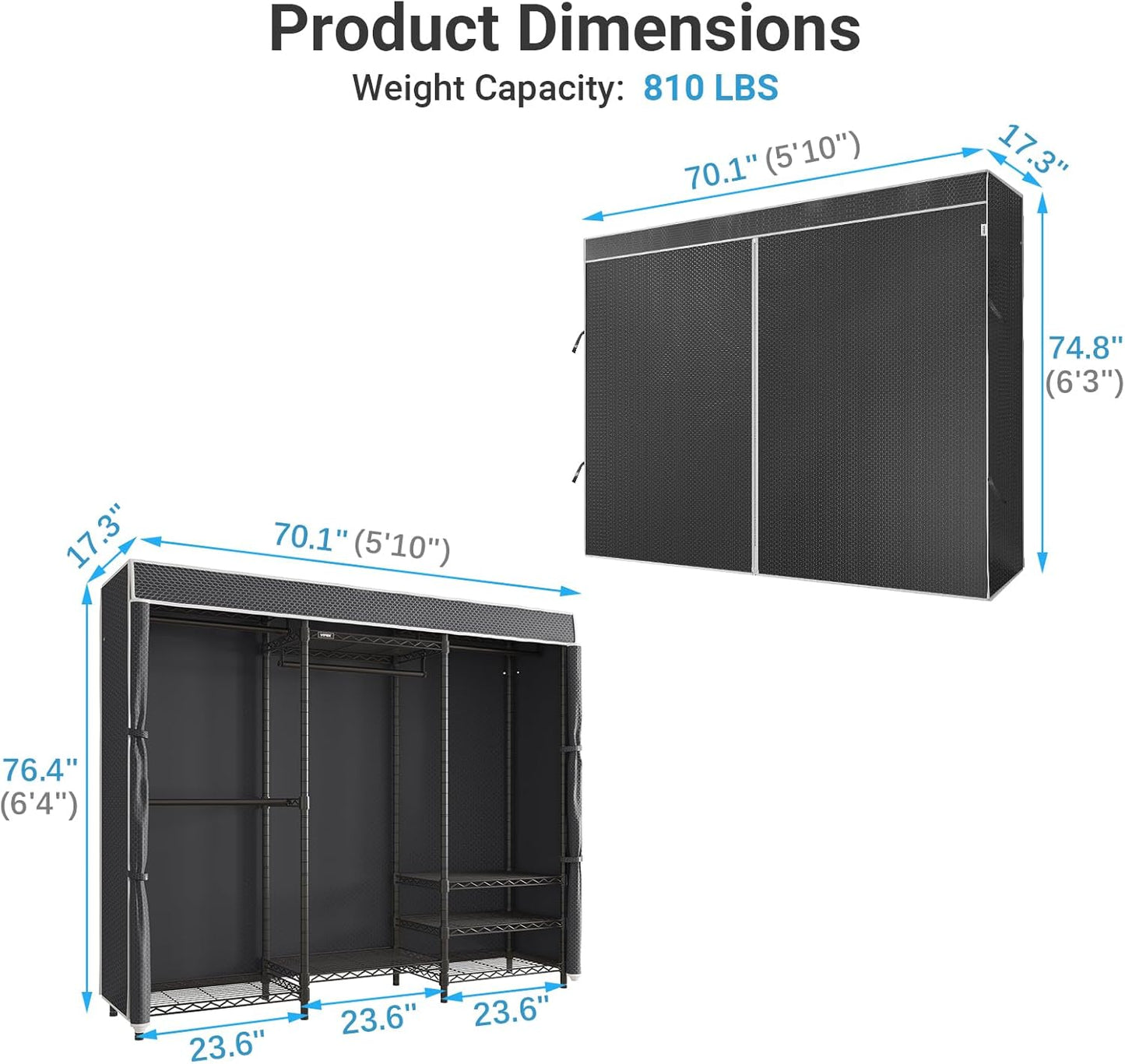 VIPEK V5C Heavy Duty Covered Clothes Rack Portable Closet Rack, Black Metal Clothing Rack with Black Upgarded Polyester Cover Cover, Adjustable Custom Freestanding Closet Wardrobe, Max Load 800LBS