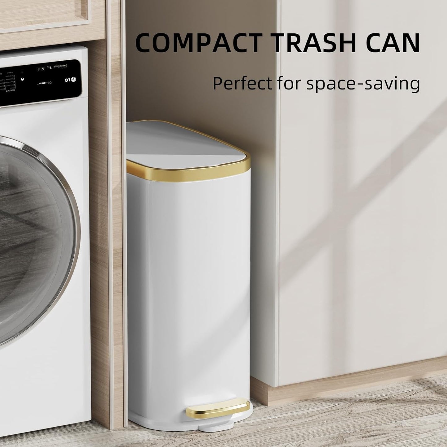 KUK Small Bathroom Trash Can with Lid Soft Close, Step Pedal, 2.4 Gal Stainless Steel Garbage Can with Removable Inner Bucket, Anti-Fingerprint Wastebasket for Office, Bedroom, Toilet (White)