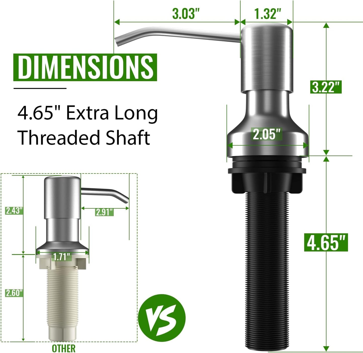 Soap Dispenser for Kitchen Sink, Kitchen Sink Soap Dispenser with 17 OZ Bottle, Refill from The Top Bar, Longer Threaded Shaft Shank, Wide Pump Head Base (Brushed Nickel)