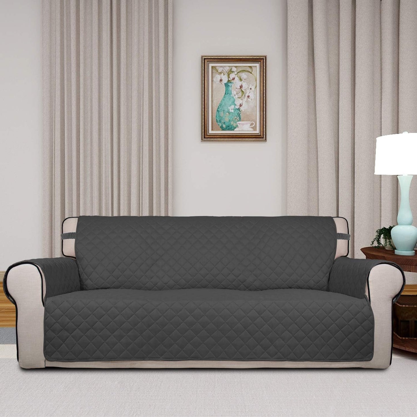 PureFit Reversible Quilted Sofa Cover, Water Resistant Slipcover Furniture Protector, Washable Couch Cover with Non Slip Foam and Elastic Straps for Kids, Pets (X Large, Dark Gray/Beige)