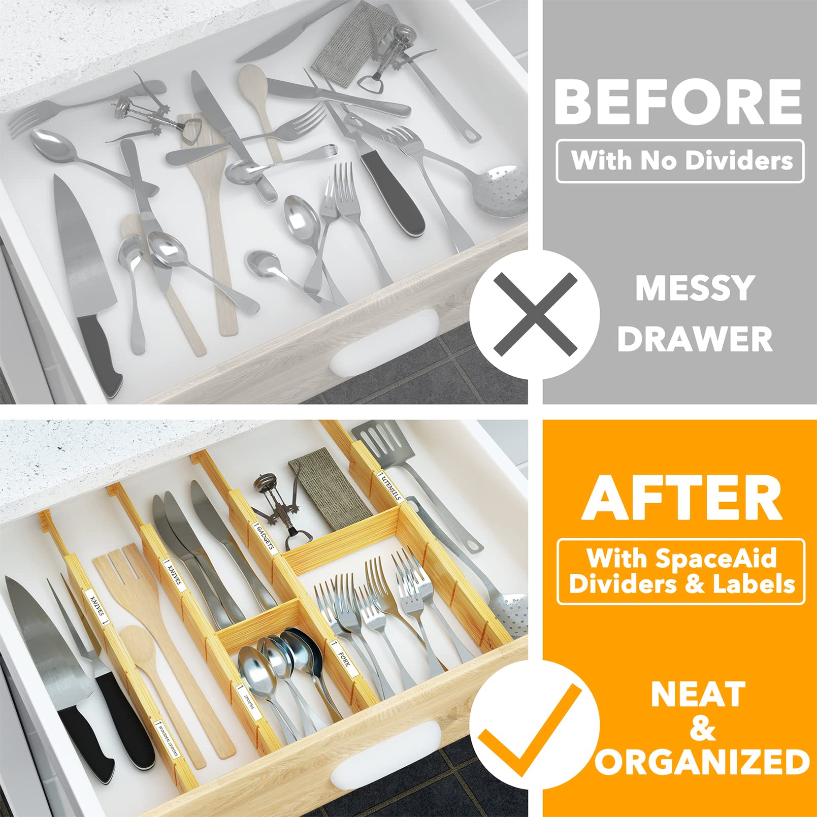 SpaceAid Bamboo Drawer Dividers with Inserts and Labels, Kitchen Adjustable Drawer Organizers