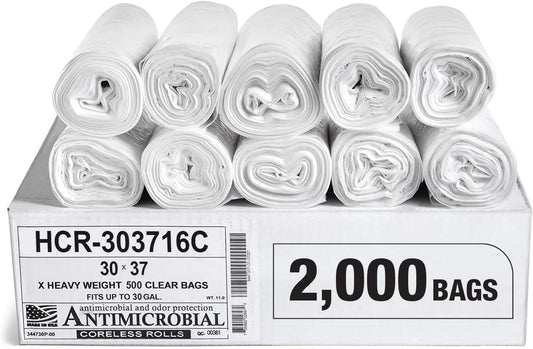 Aluf Plastics High Density Trash Bags, 30 Gallon, 2000 Count, 16 Micron (eq), 30" x 37", Clear, for Bathroom, Office, Industrial, Commercial, Janitorial, Municipal, Recycling