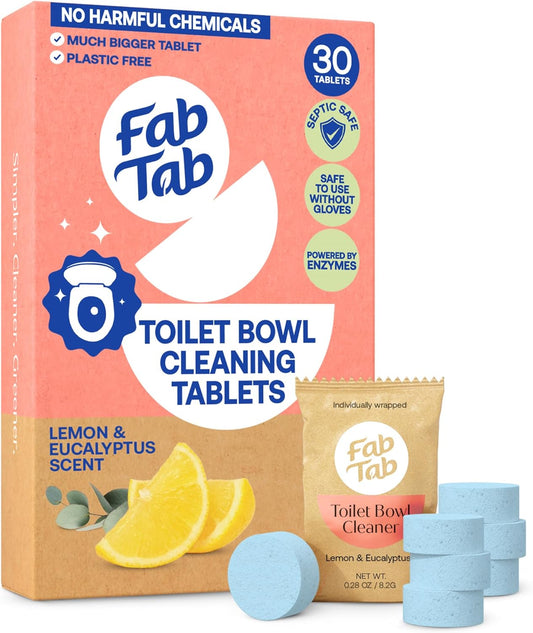 Fab Tab Toilet Bowl Cleaner Tablets, Powerful Stain Removal, No Harsh Chemicals, Plastic-Free, Removes Rust & Stains, Safe for Regular and Septic Tank Toilets, Lemon & Eucalyptus Scent