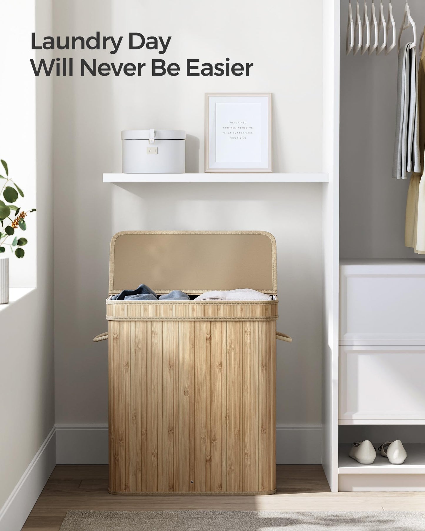 SONGMICS Bamboo Laundry Hamper with Lid, 26.4-Gallons, with Handles