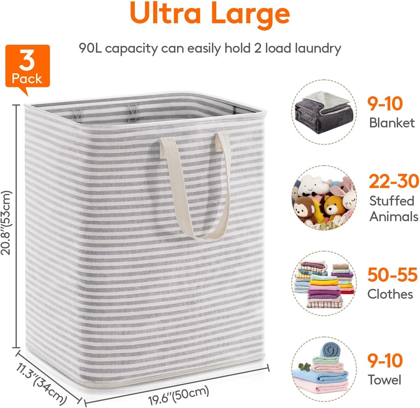 Lifewit 3 Pack Laundry Hamper Large Collapsible Laundry Baskets, Freestanding Waterproof Clothes Hamper with Easy Carry Handles in Laundry Room Bedroom Bathroom College Dorm for Adults, Grey, 3 x 90L