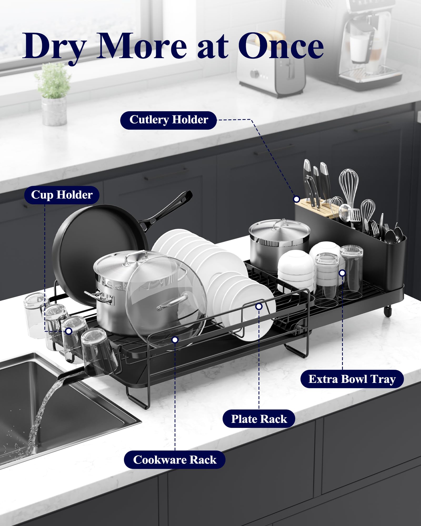 Kitsure Extendable Dish Drying Rack, 19.2"-26.7" L x 12.9" W, Black