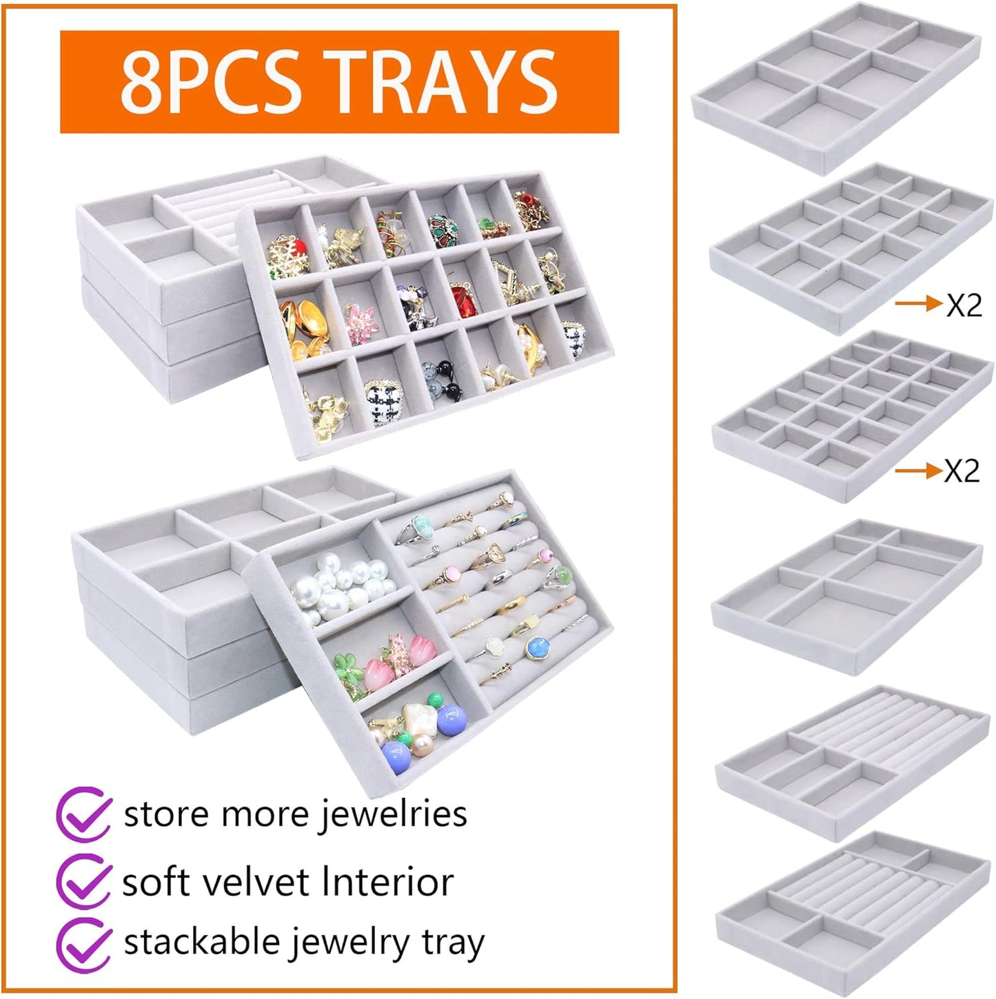 Jewelry Storage 8PACK, Velvet Jewelry Organizer Trays, 4PCS Stackable Jewelry Tray for Drawers, Grey Organizer for Rings, Earrings, Necklaces, Watches, Bracelets, Brooches