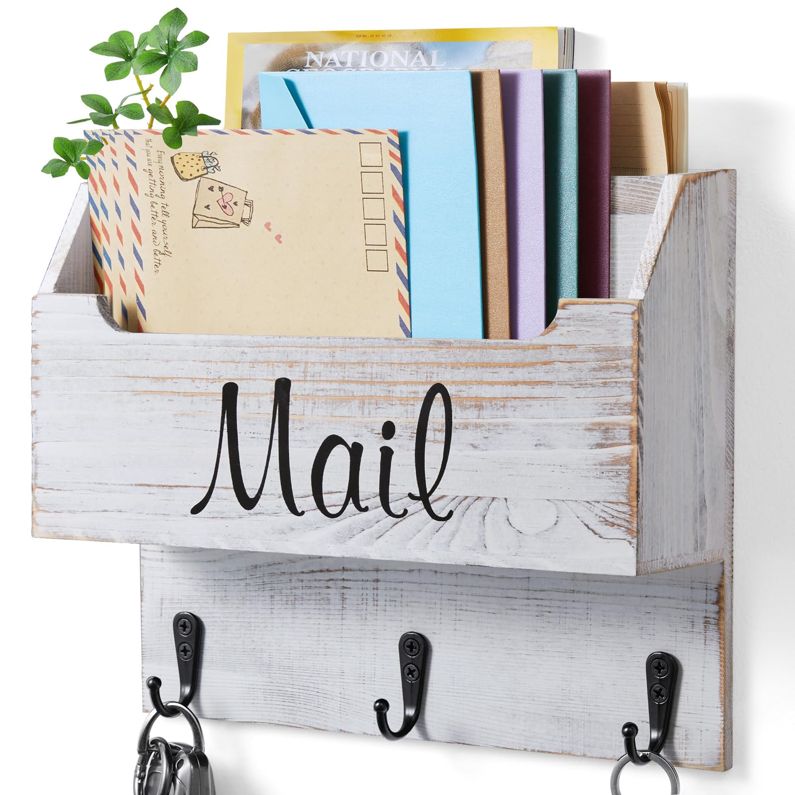 DRASTAR Mail Organizer Wall Mounted, Wooden Mail & Key Holder for Wall, Hanging Mail Organizer