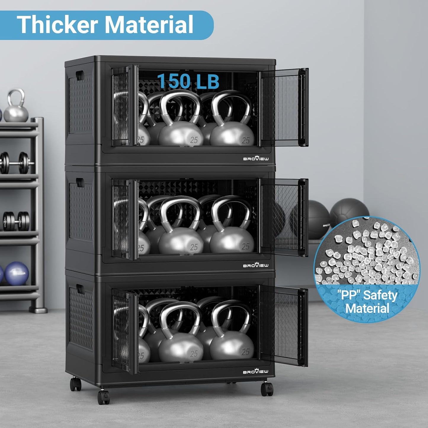 BROVIEW 400Qt Stackable Storage Bins with Lids, 100Gal Closet Organizers and Storage Drawer, Plastic Collapsible Storage Bins with Doors, Heavy Duty Store Box Cabinet for Home Kitchen, 4Pack Black