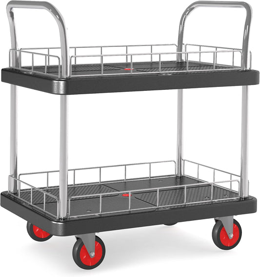 2 Shelf Utility Service Cart- 660lbs Capacity Heavy-Duty Plastic Rolling Utility Carts with 4 of