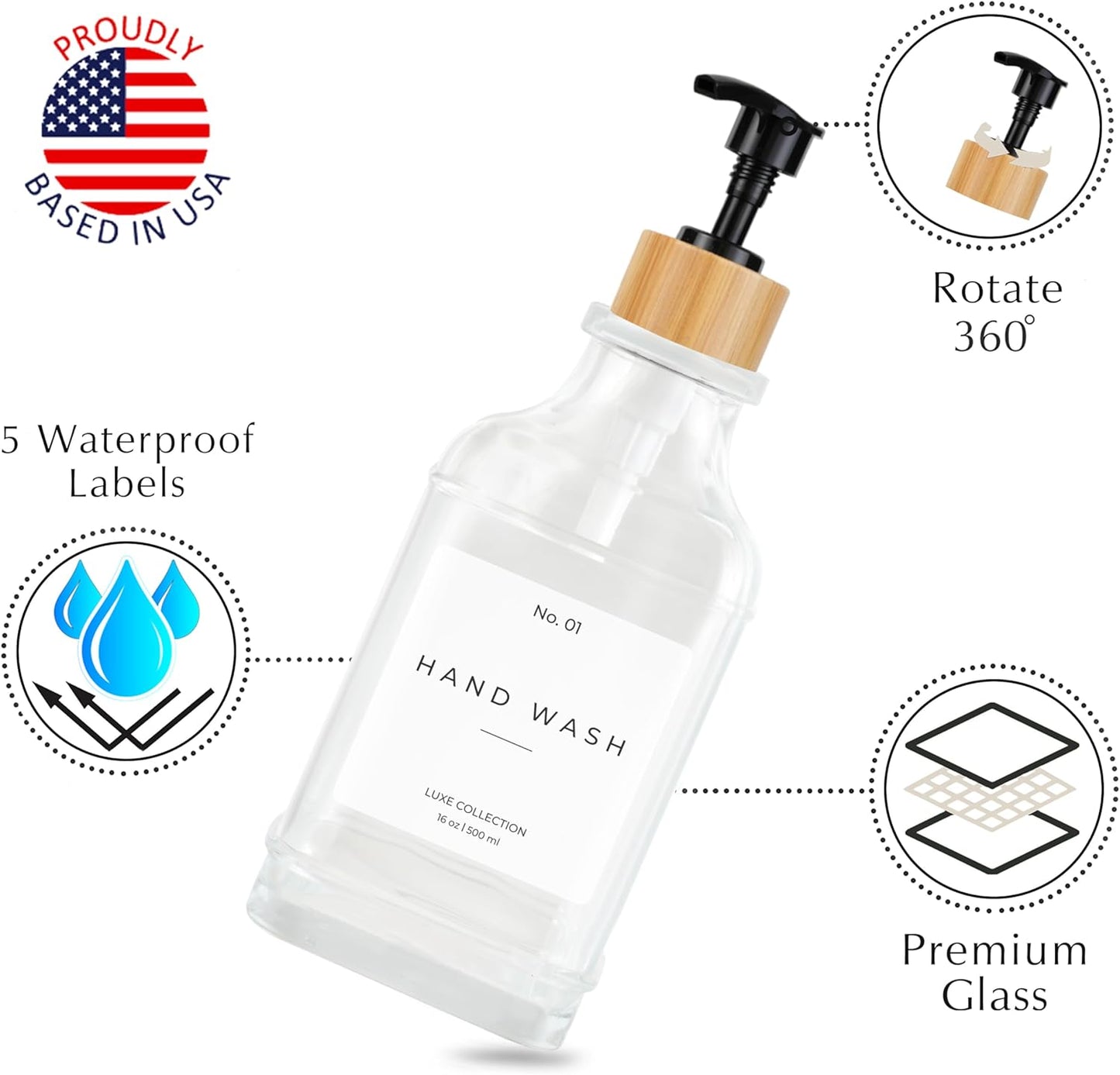 Emerson Essentials Soap Dispenser, Dish Soap Dispenser, Soap Bottle Bathroom Set, Farmhouse, Kitchen Soap Dispenser Set Stainless Steel - Glass Soap Dispenser with Pump and Labels, 16 Oz, 2 Pack