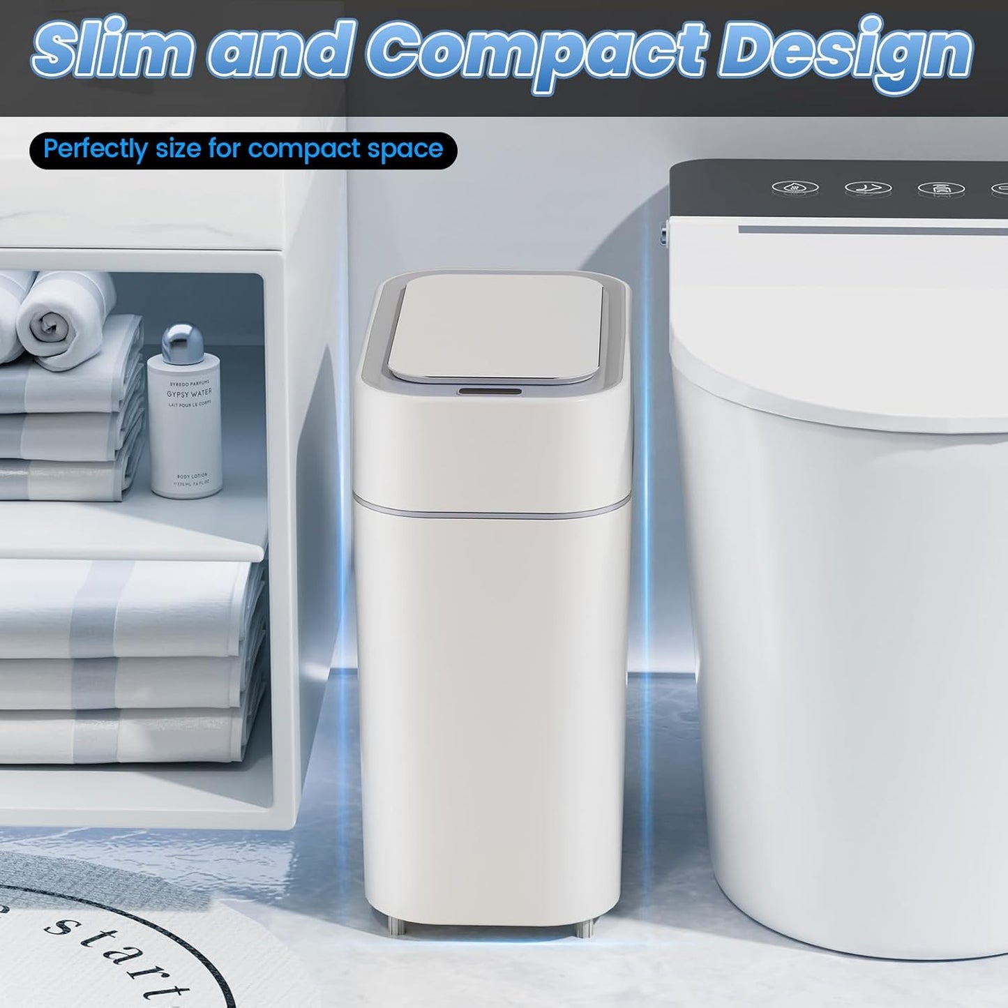 Bathroom Trash Can with Lid: 2.3 Gal Small Slim Motion Sensor Wastebasket, Bag Expansion, Wall Mounted, Automatic, Touchless, Narrow Design for Bathroom, Kitchen and Office, Waterproof