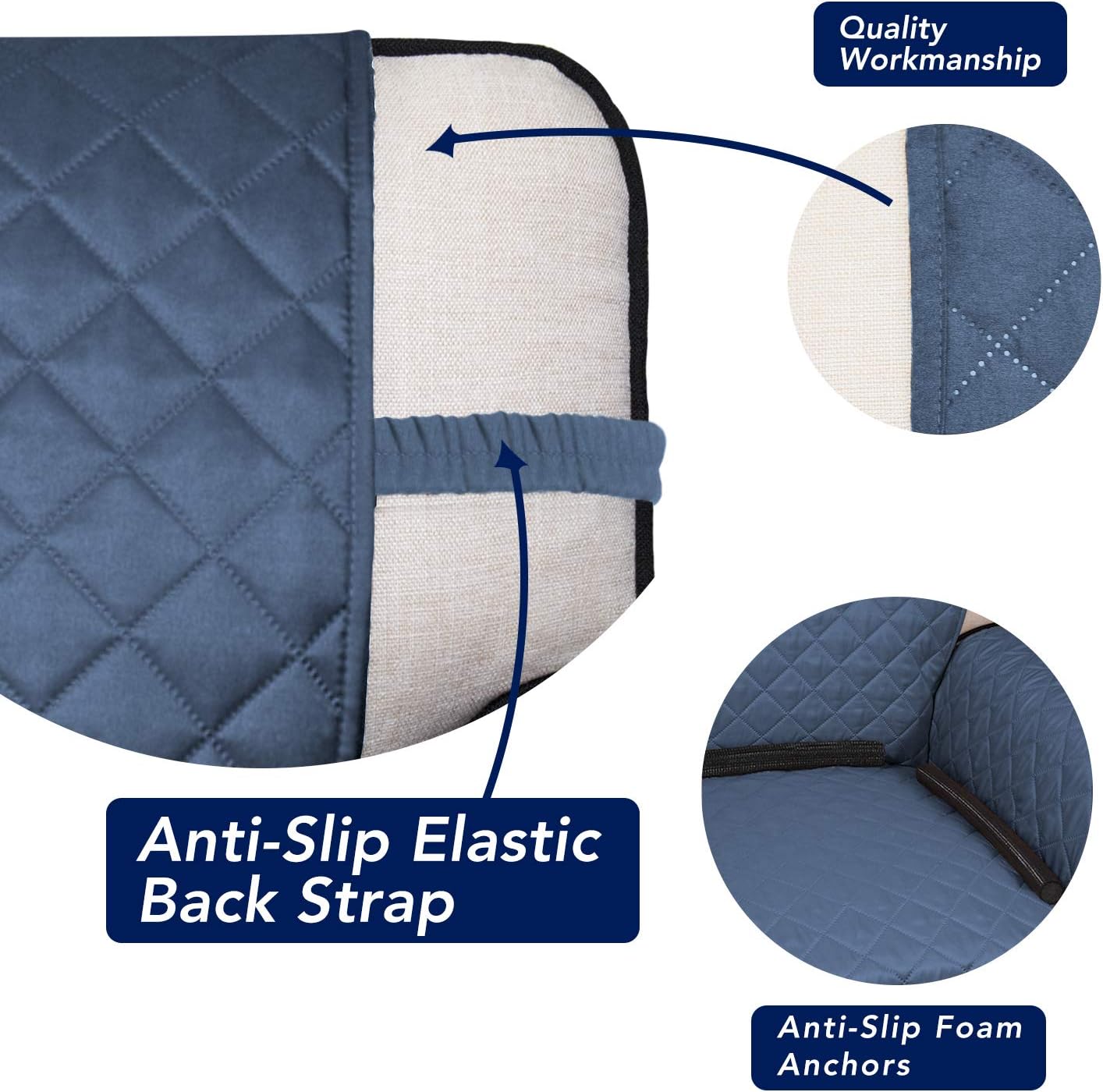 PureFit Reversible Quilted Sofa Cover, Water Resistant Slipcover Furniture Protector, Washable Couch Cover with Non Slip and Elastic Straps for Kids, Dogs, Pets (Loveseat, Dark Blue/Light Blue)
