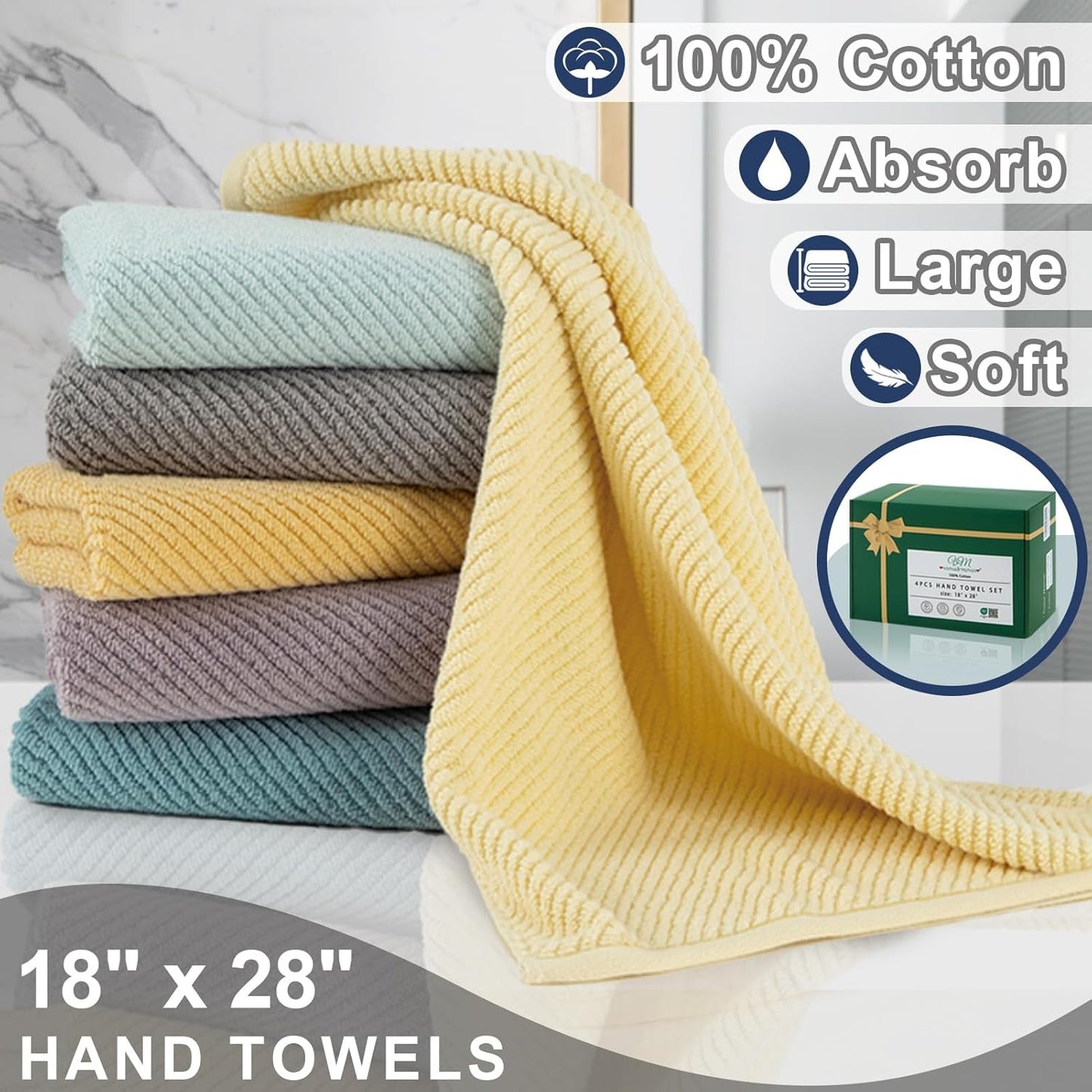 VOOVA & MOVAS Bathroom Hand Towels Set of 4, 18"x 28" - 100% Cotton | Lightweight | Thick | Quick Dry | Soft | Absorbent, Blue Hand Towels for Bathroom, Towel Gift Set, Navy Blue