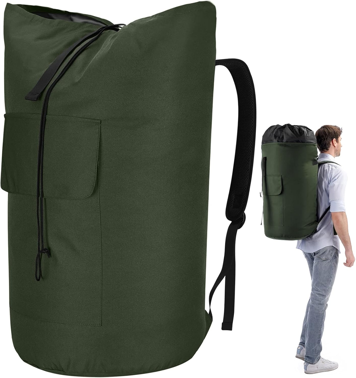 Laundry Bags Extra Large Heavy Duty, 115L Laundry Backpack, Sturdy Laundry Bag with Shoulder Straps, Army Green Laundry Bag for College, Top Loading Duffle Bag for Camp, Travel, Dorm, Apartment