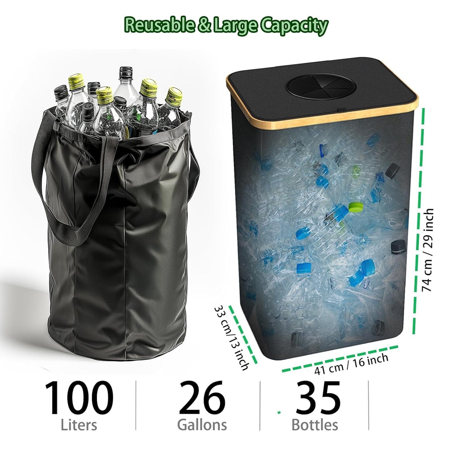 Recycling Bin for Kitchen Indoor Home, Large 100L/ 26 Gallon Recycle Bin with Lid Removeable Reusable Inner Bag Bottle Can Glass Waste Plastice Stickers (Blue, 26 Gallon)