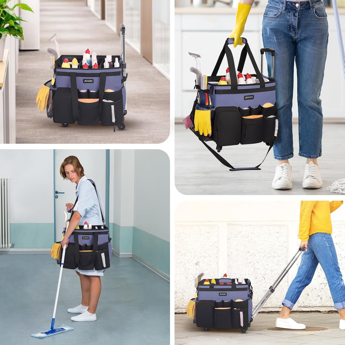 Large Rolling Cleaning Caddy Bag with Detachable Trolley, Waterproof Cleaning Caddy on Wheels for Housekeepers, Cleaning Cart Supplies Organizer for Home,Car,Office,Picnic (Denim Blue)(InPatent)