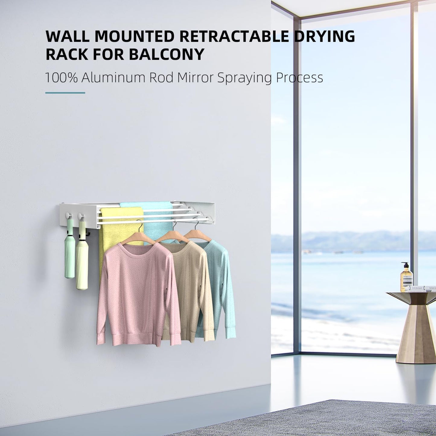 Drying Rack Clothing,Clothes Drying Rack Wall Mounted,Laundry Drying Rack Wall Mount,Foldable,Collapsible,60 lb Capacity 4 Aluminium Poles with 8 Hooks,Space Saving Clothes Drying Rack,White 23.6"