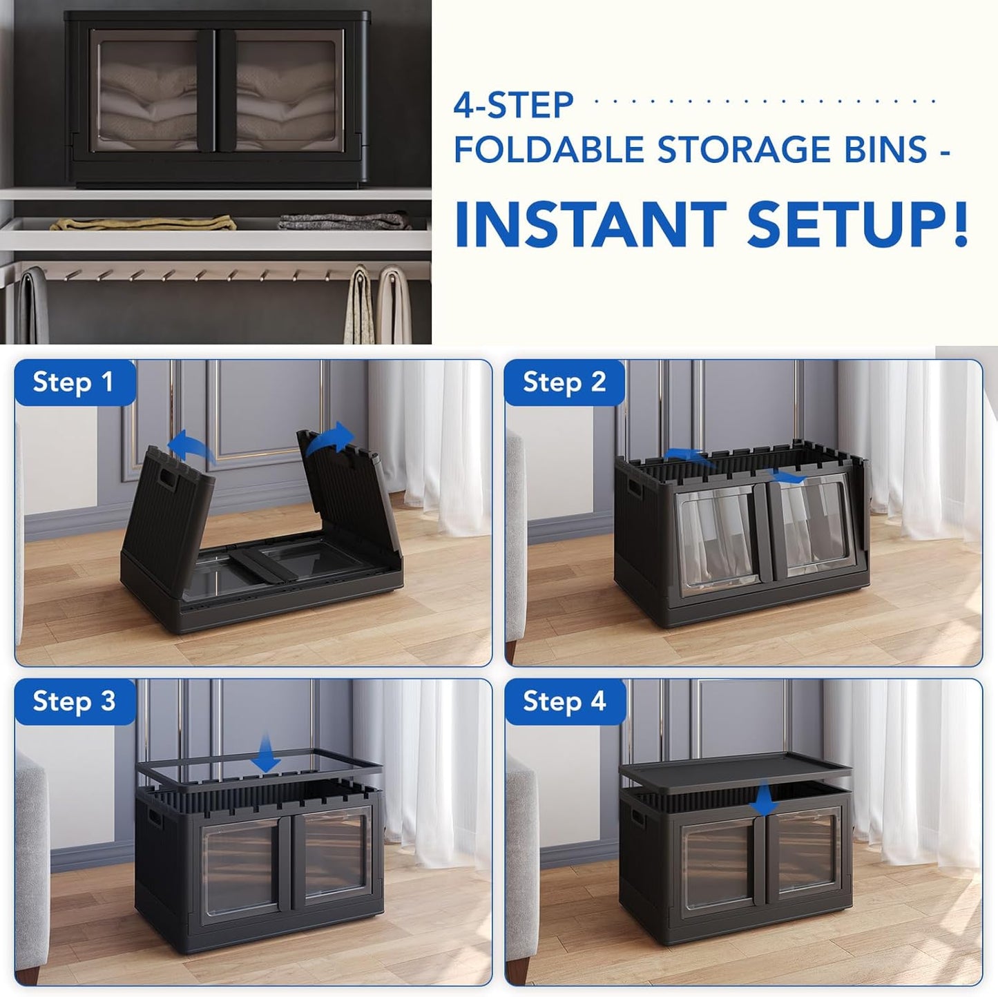 FLEXIMOUNTS 228 QT Stackable Storage Bins With Lids, Collapsible Plastic Storage Bins With Doors and Built-in Wheels For Home Dorm Closet Organizers and Storage, 3 Pack Cubes, Black