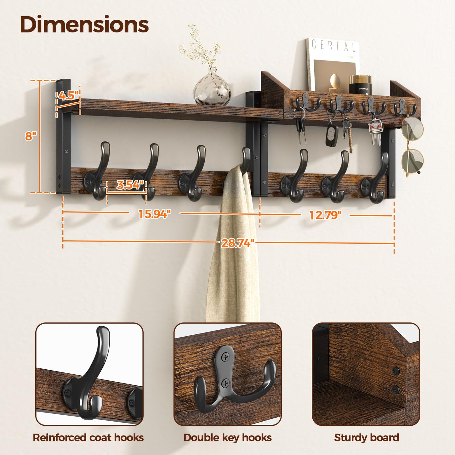 Evermagin 29" Coat Rack Wall Mount with Shelf for Entryway, Rustic Brown