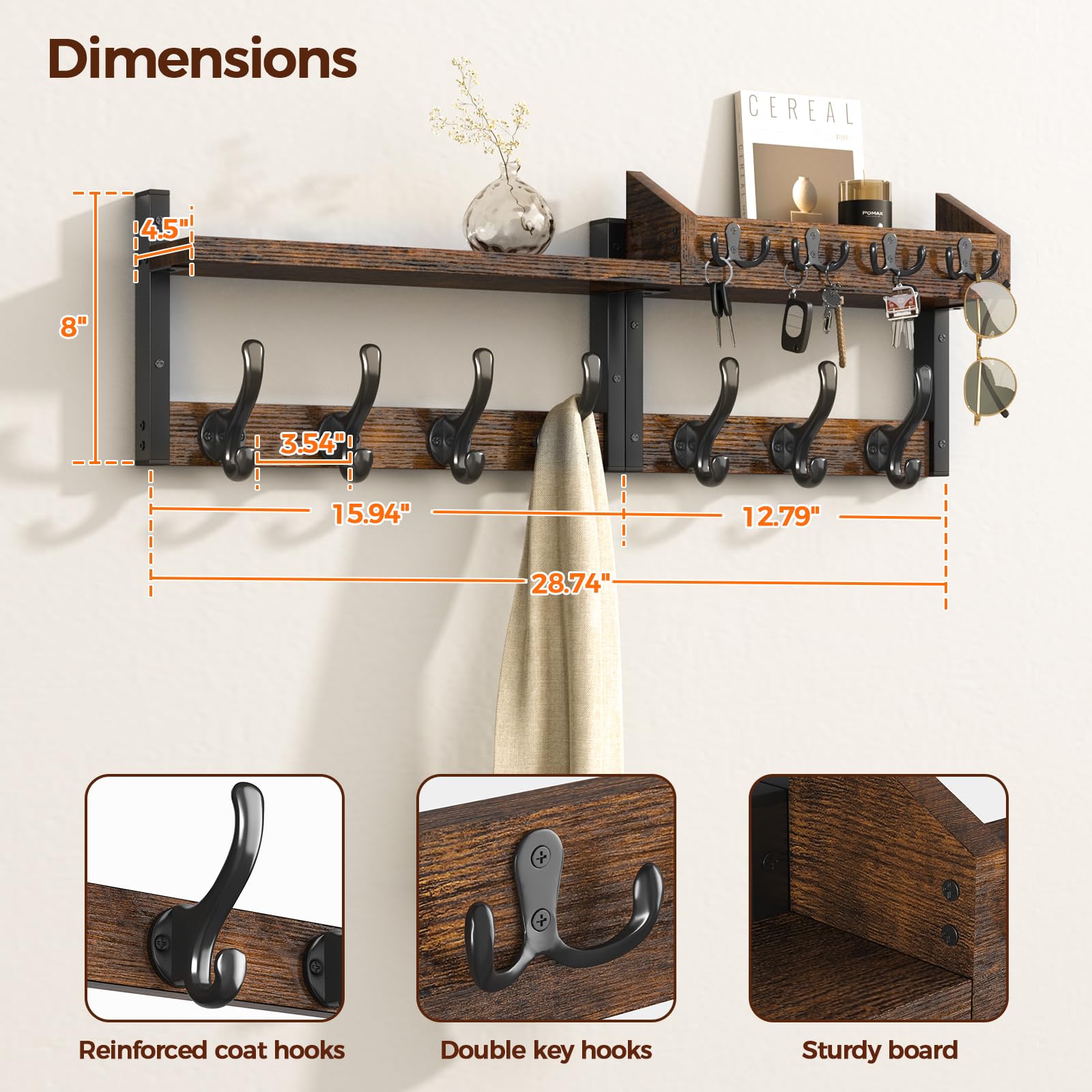 Evermagin 29" Coat Rack Wall Mount with Shelf for Entryway, Rustic Brown