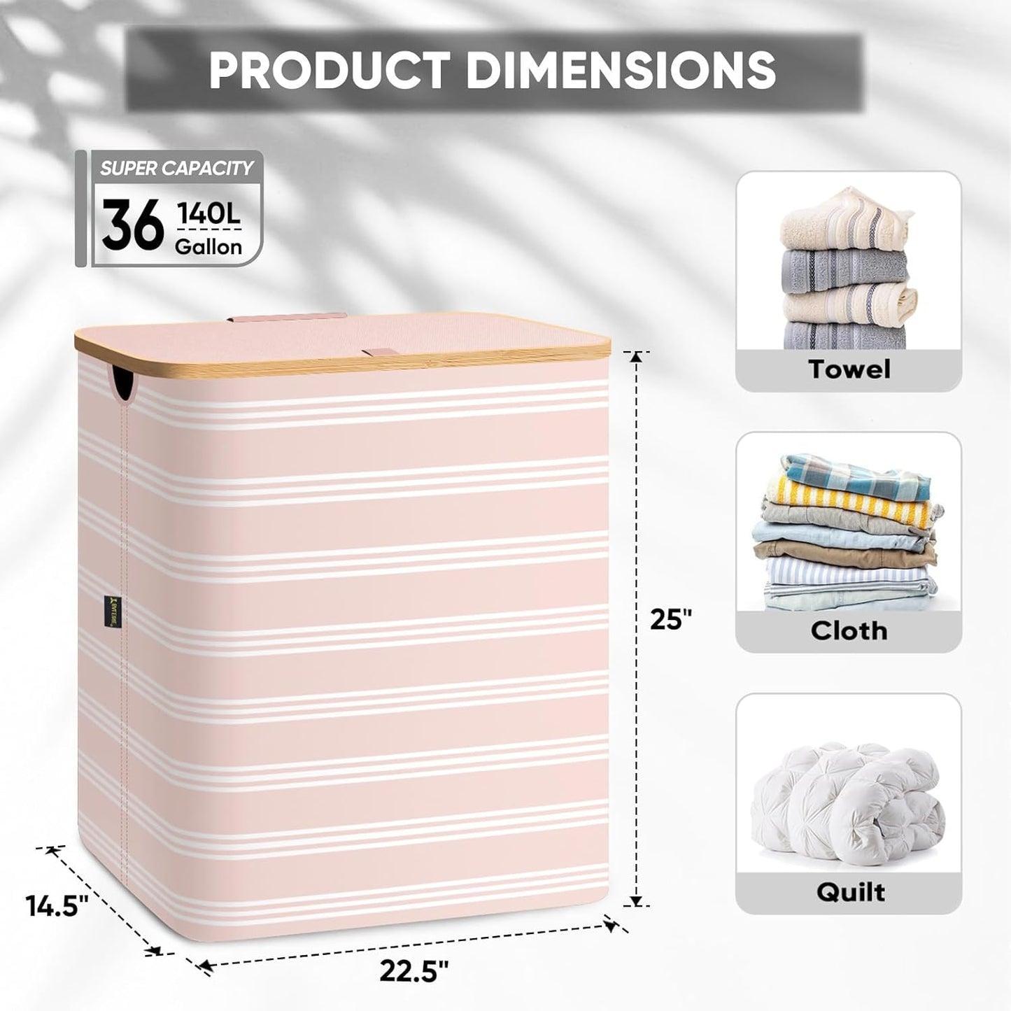 BALEINE Laundry Hamper with Lid, Tall Laundry Baskets with Bamboo Pull Handles, Large Laundry Bin with Internal Support (36 Gal/140L, Pink Pinstripe)