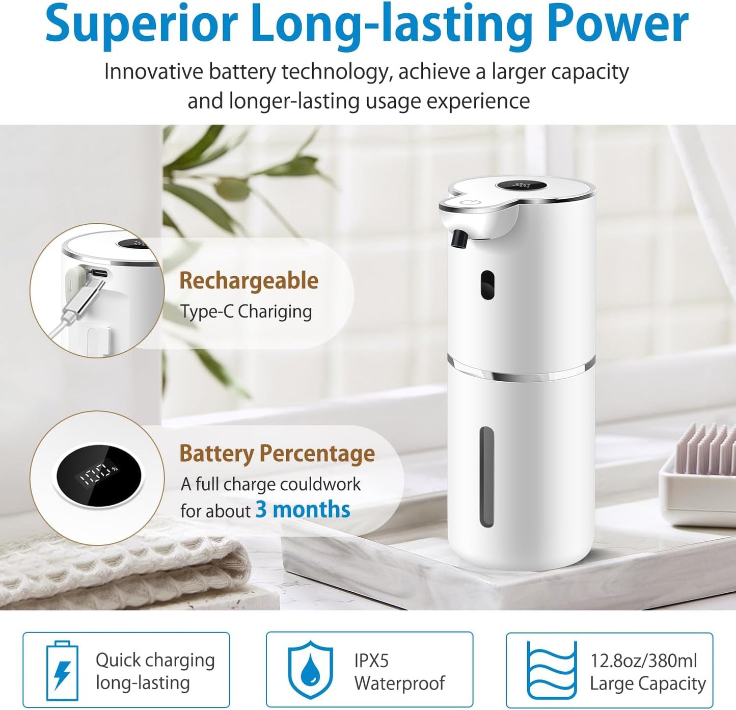 Automatic Liquid Soap Dispenser 12.8oz, Rechargeable & 6 Levels Soap Adjustable with Digital Display, Wall Mount, Waterproof, Touchless Hand/Dish Soap Dispenser for Kitchen, Bathroom, Hotel