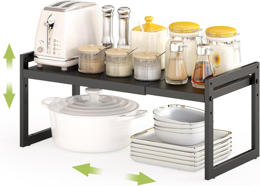 DOLALIKE Expandable kitchen Countertop Organizer, Stackable Cabinet Shelf Organizers, Space Saving Spice Rack Pantry Storage for Bathroom Office (Black, 1 Pack)