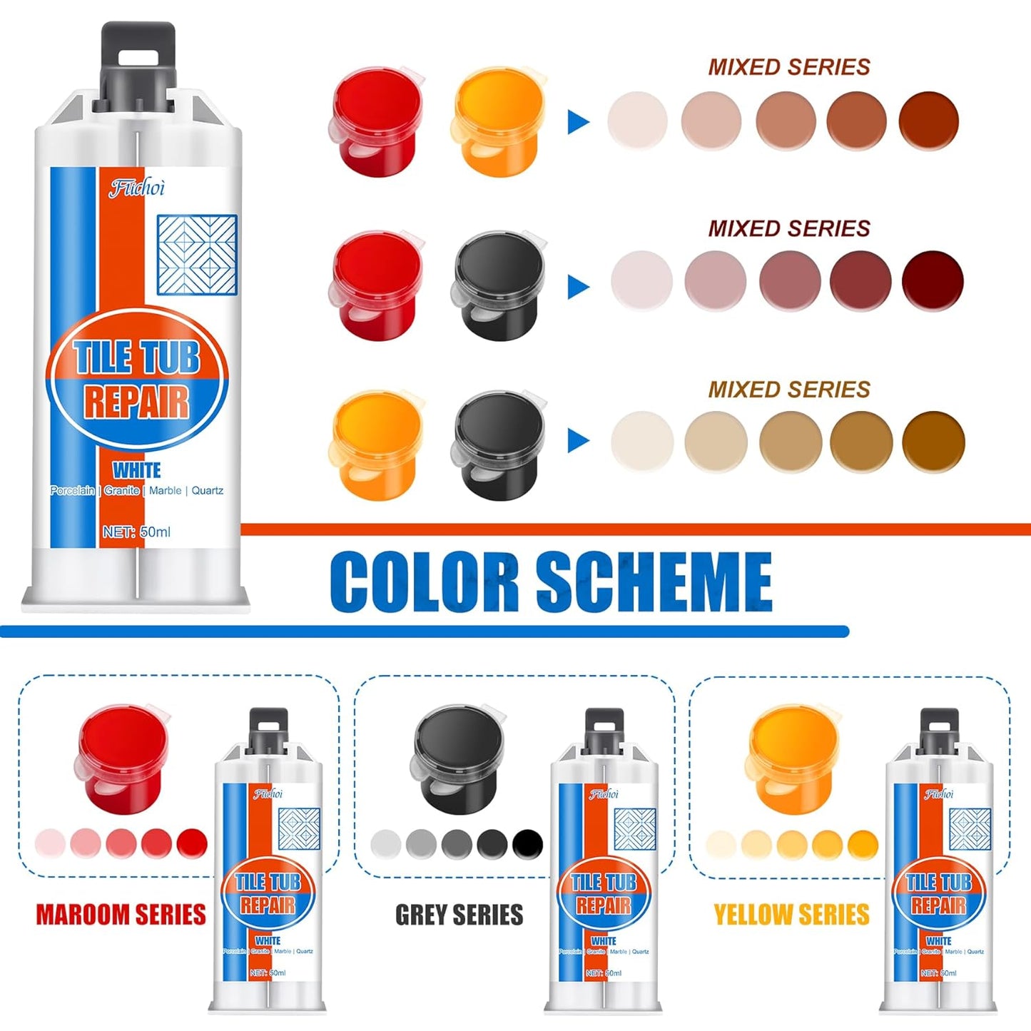 Tile Repair Kit, Ceramic Tile Chip Repair Kit, Porcelain Repair Kit for Ceramic, Tub, Acrylic, Fiberglass, Quartz, Marble and More, Tile Chip Repair Filler for Filling Dents, Cracks, Holes, Scratches