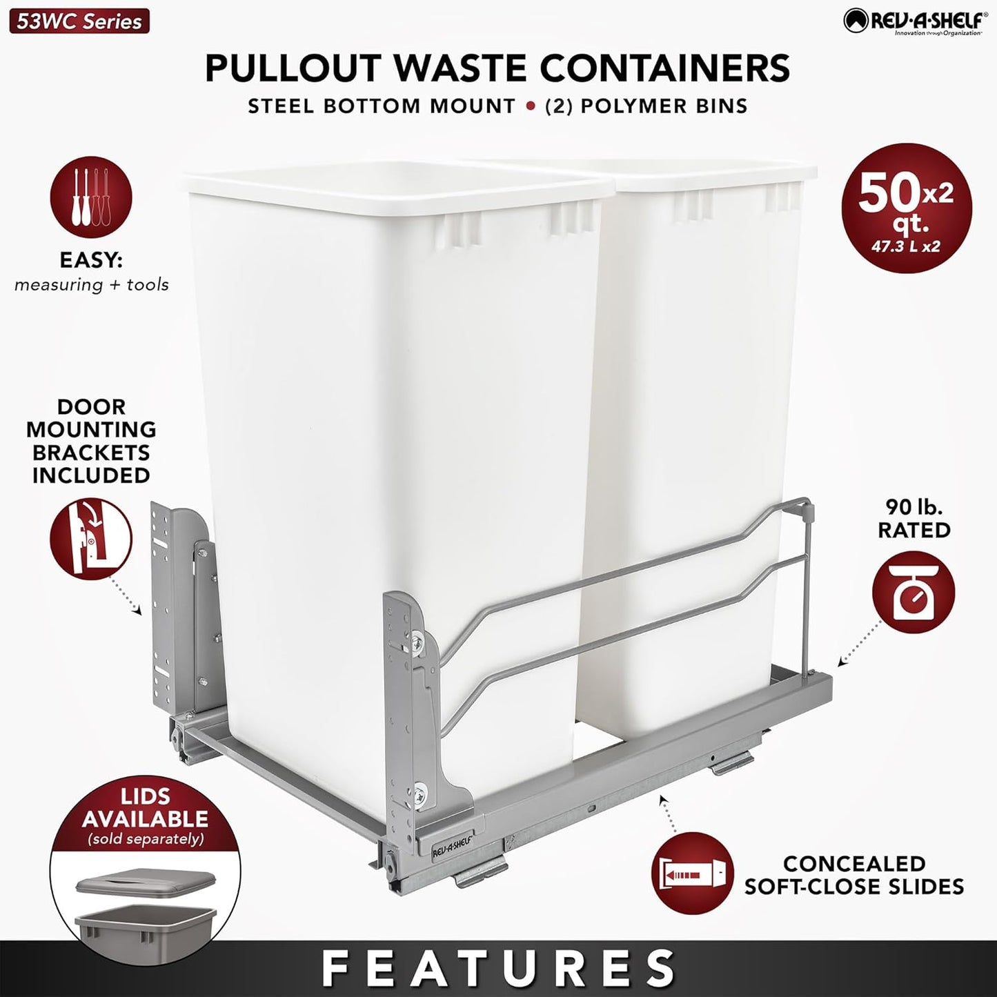 Rev-A-Shelf Pullout Dual Trash Cans for Full Height Kitchen Garbage Cabinet 50 Quart 12.5 Gallon with Soft-Close Slides, Orion Gray, 53WC-2150SCDM-213