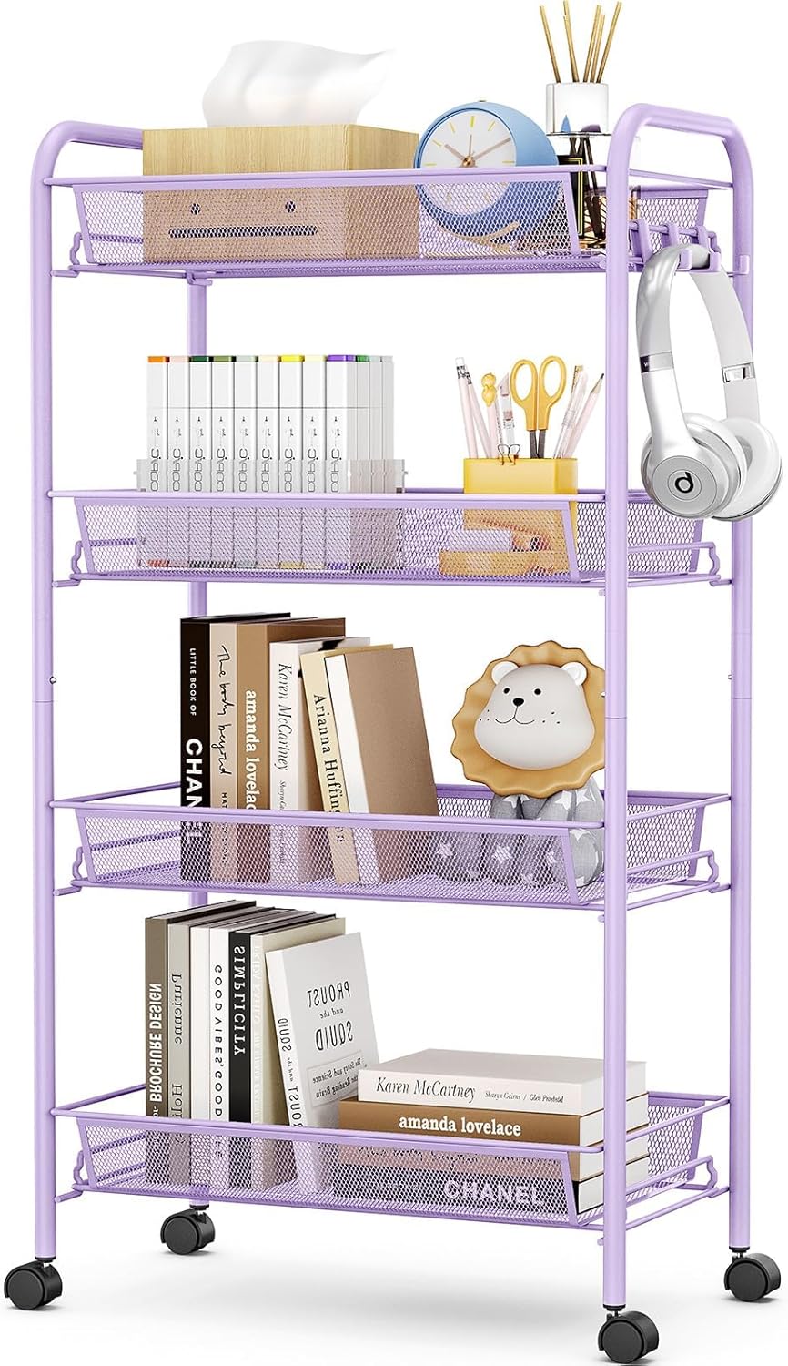 TOOLF 4-Tier Rolling Cart, Metal Utility Cart with 3 Hooks, Easy Assemble Mobile Storage Trolley On Wheels, Metal Shelving Units Kitchen Bathroom Laundry Room