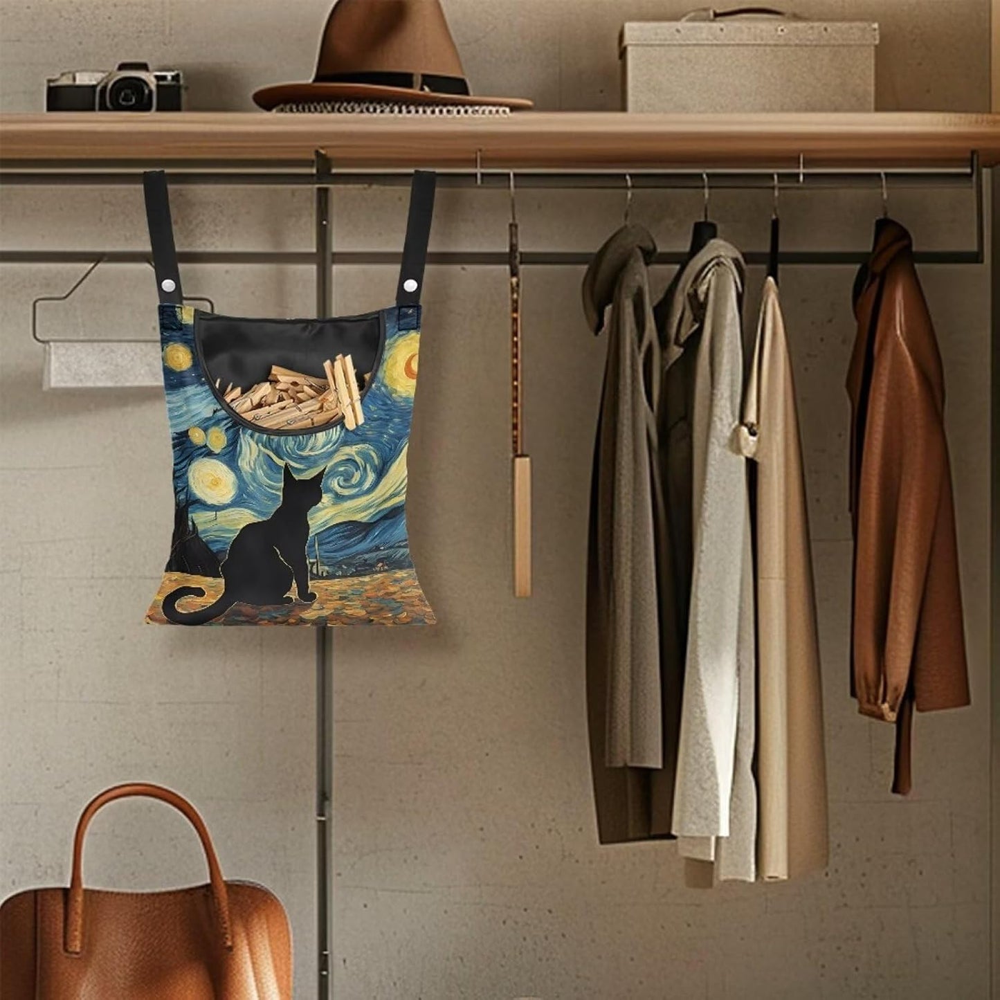 Button Fastening Clothespin Holder 14.5"x12" - Large Access Opening with Durable Binding - Professional Grade Hanging Organizer for Daily Laundry Needs Starry Night Kitten Print