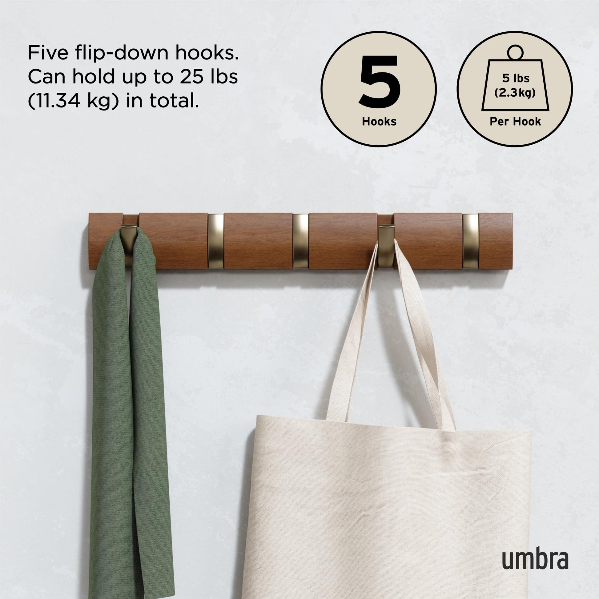 Umbra Flip Coat Rack, Wall Mounted 5-Hook Space Saving, Walnut/Gold