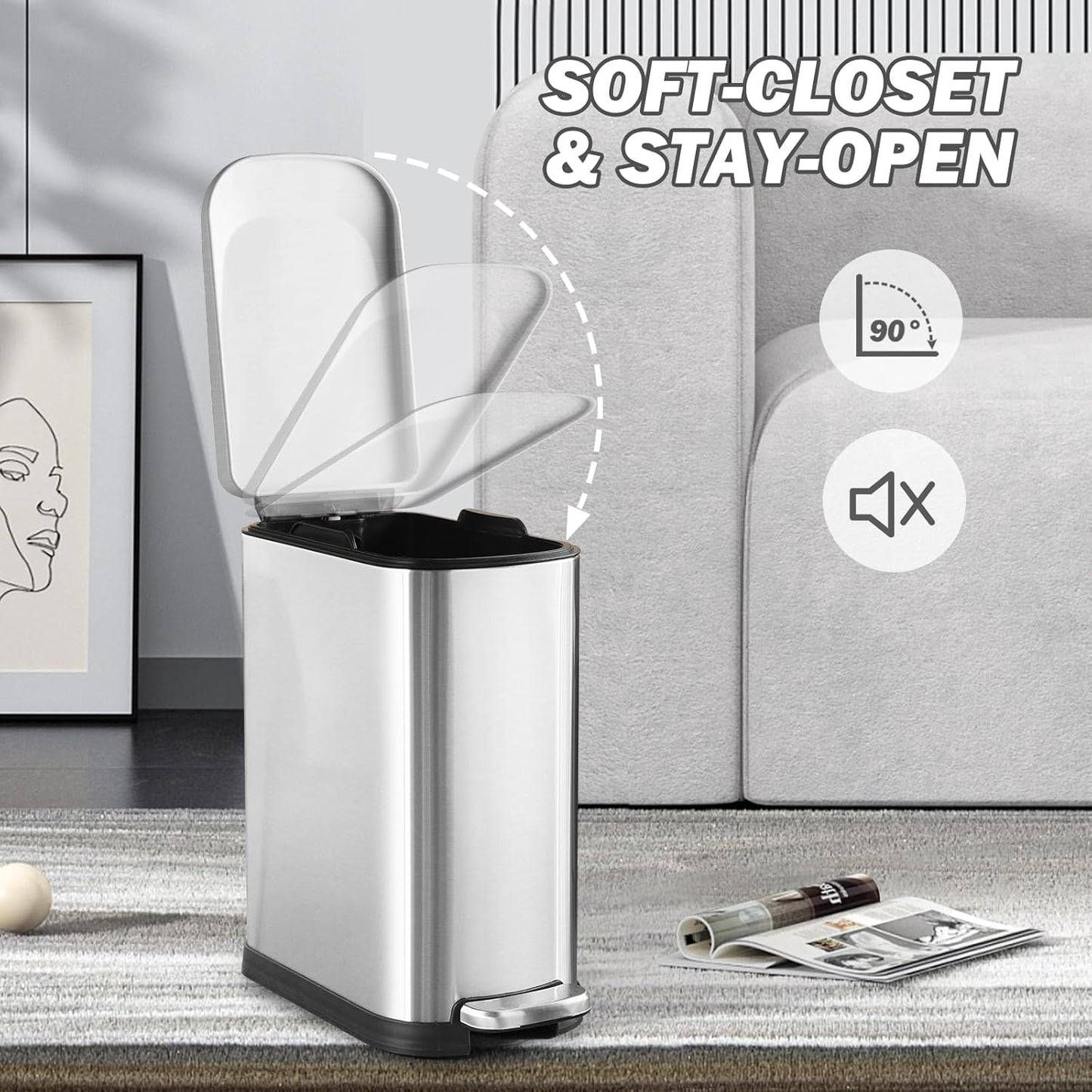 Bathroom Trash Can with Soft-Close Lid 3.5 Gallon Stainless Steel Garbage Can with Removable Inner Bucket Slim Trash Bins for Bedroom, Office (Silver)