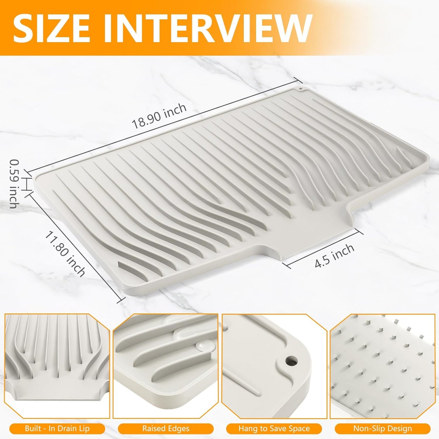 Silicone Dish Drying Mat for Kitchen Counter, Dish Drainer Mat, Non-Slip Drying Pad with Built-in Drain, Kitchen Drying Matt For Counter(18.9" x 11.8", Cream)