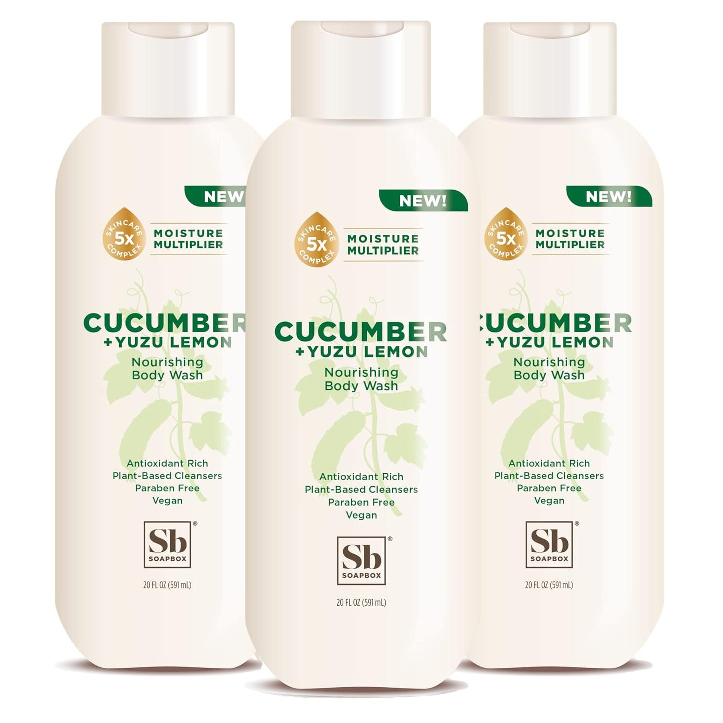 Soapbox Cucumber + Yuzu Lemon Body Wash for Women, Men, Vegan + Antioxidant Rich, Soothing, Moisturizing Soap with Shea Butter, Peptides & Keratin Promoting B3, 3 Pack, 20oz Each