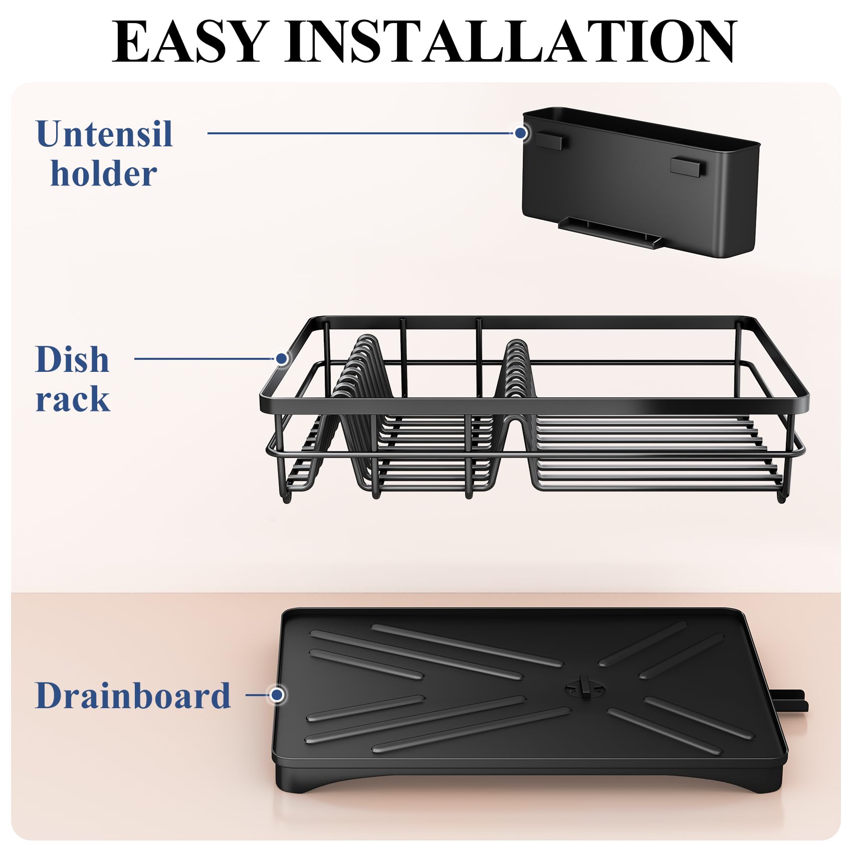 SNTD Dish Drying Rack for Kitchen Counter, 11.8" W x 16.7" L, Black